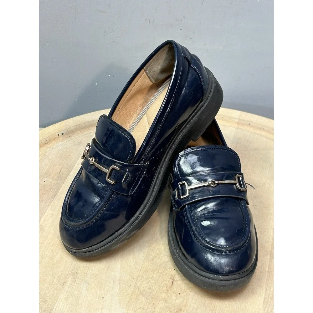 Coutgo‎ Bit Loafers Girls 1 Navy Patent Lug Sole Chunky Heel Preppy Classic